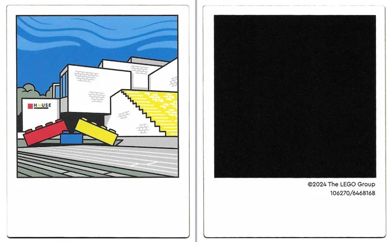 Plastic Polaroid Photo with White LEGO House Building with Red, Yellow, and Blue Bricks and Black Square on Back Pattern