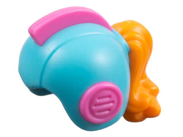Minifigure, Hair Combo, Hat with Hair, Helmet Space Retro with Open Front with Molded Dark Pink Earpieces and Crest and Orange Ponytail Pattern