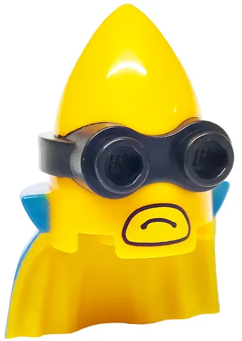 Minifigure, Head, Modified Minion, Pointed with Cape with Molded Black Goggles and Printed Blue Cape and Yellow Mouth Pattern