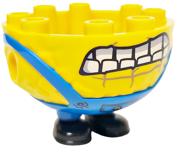 Lower Body, Rounded, Extra Wide and Short, Short Legs with Molded Black Shoes and Blue Overalls and Printed Black Mouth with White and Light Bluish Gray Teeth, Buttons, and Pocket with Minions Letter M Logo Pattern