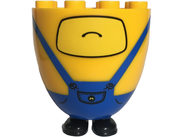Lower Body, Rounded, Extra Wide and Long, Short Legs with Molded Black Shoes and Blue Overalls and Printed Frown on Yellow Background, Buttons, and Pocket with Minions Letter M Logo Pattern