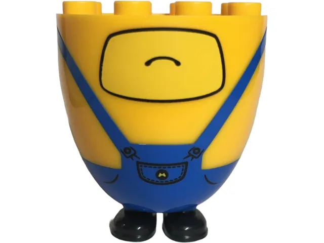 Lower Body, Rounded, Extra Wide and Long, Short Legs with Molded Black Shoes and Blue Overalls and Printed Frown on Yellow Background, Buttons, and Pocket with Minions Letter M Logo Pattern