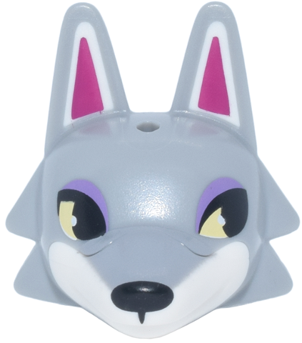 Minifigure, Head, Modified Wolf with Pointed Ears with Molded White Face and Printed Magenta Auricles, Bright Light Yellow and Black Eyes, Medium Lavender Eyelids Pattern