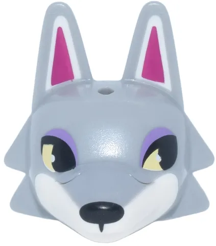 Minifigure, Head, Modified Wolf with Pointed Ears with Molded White Face and Printed Magenta Auricles, Bright Light Yellow and Black Eyes, Medium Lavender Eyelids Pattern