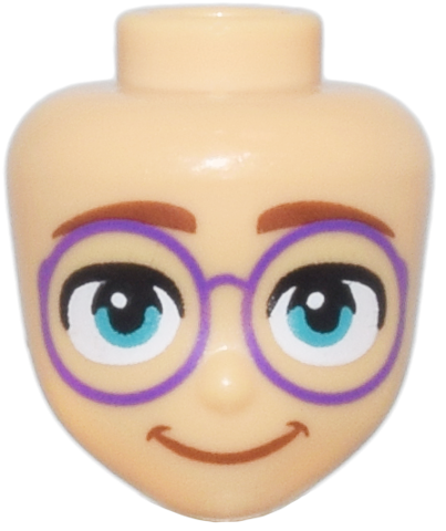 Mini Doll, Head Friends with Thick Reddish Brown Eyebrows, Dark Turquoise Eyes, Round Dark Purple Glasses, and Closed Mouth Smile Pattern