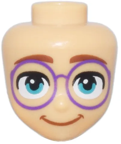 Mini Doll, Head Friends with Thick Reddish Brown Eyebrows, Dark Turquoise Eyes, Round Dark Purple Glasses, and Closed Mouth Smile Pattern