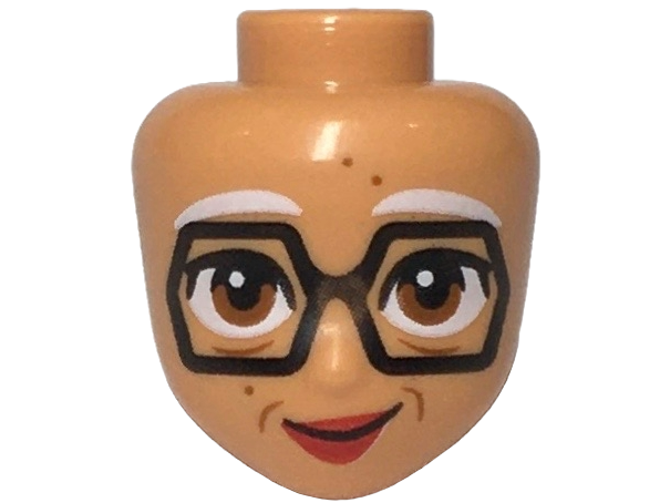 Mini Doll, Head Friends with White Eyebrows, Large Black Hexagon Glasses, Dark Orange Eyes, Dots and Wrinkles, Red Lips, Lopsided Grin Pattern