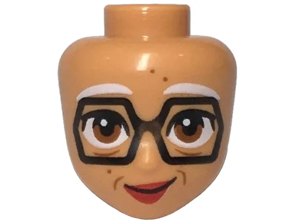 Mini Doll, Head Friends with White Eyebrows, Large Black Hexagon Glasses, Dark Orange Eyes, Dots and Wrinkles, Red Lips, Lopsided Grin Pattern