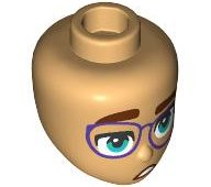Mini Doll, Head Friends with Thick Reddish Brown Eyebrows, Dark Turquoise Eyes, Dark Purple Glasses, and Scared Open Mouth with White Teeth Pattern