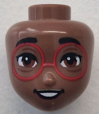 Mini Doll, Head Friends with Black Eyebrows, Reddish Brown Eyes, Glasses with Red Frames, Open Mouth Smile with Teeth Pattern