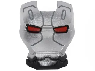 Minifigure, Visor Top Hinge with Silver Face Shield, Red Eyes, and Dark Bluish Gray Lines Pattern