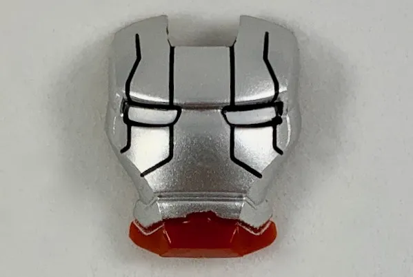 Minifigure, Visor Top Hinge with Silver Face Shield, White Eyes, Black Lines on Forehead and Cheeks Pattern (Iron Man Mark 5)