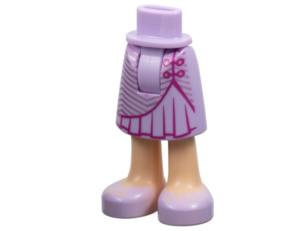 Mini Doll Hips and Skirt Mid-Length with Molded Light Nougat Legs / Boots and Printed Magenta Ruffles, Metallic Pink Stripes and Lavender Shoes Pattern - Thick Hinge