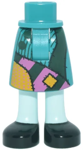 Mini Doll Hips and Skirt Mid-Length with Molded Light Aqua Legs / Boots and Printed Ragdoll Patchwork and Black Shoes Pattern - Thick Hinge