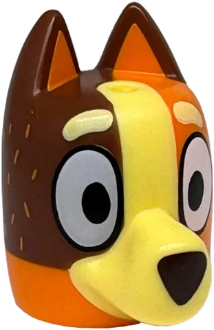 Minifigure, Head, Modified Dog (Cattle) with Curved Ears, Hole on Top with Molded Reddish Brown Top and Bright Light Yellow Muzzle and Markings and Printed Eyes, Eyebrows, Fur, Dark Brown Nose Pattern