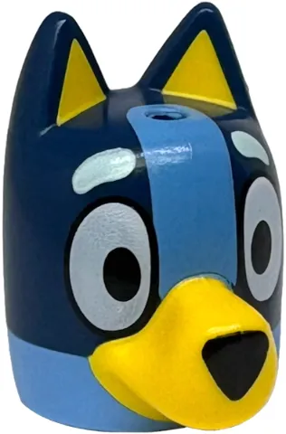 Minifigure, Head, Modified Dog (Cattle) with Straight Ears, Hole on Top with Molded Dark Blue Top and Yellow Muzzle and Auricles and Printed Eyes, Light Aqua Eyebrows, Medium Blue Markings, Black Nose Pattern
