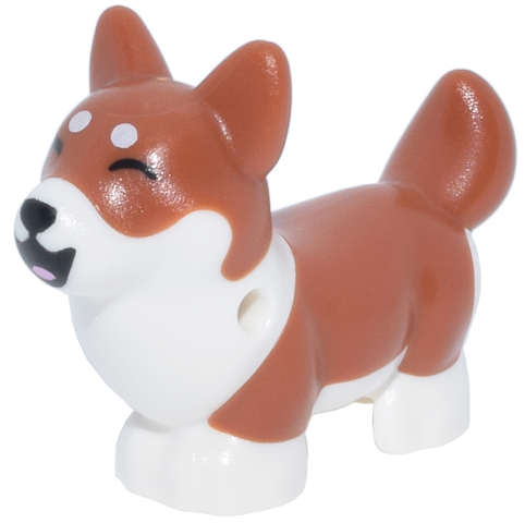 Dog, Friends Style, Corgi with Molded White Lower Body and Face and Printed Black Nose and Mouth, Closed Eyes, Bright Pink Tongue, White Spots Pattern (Marimba)