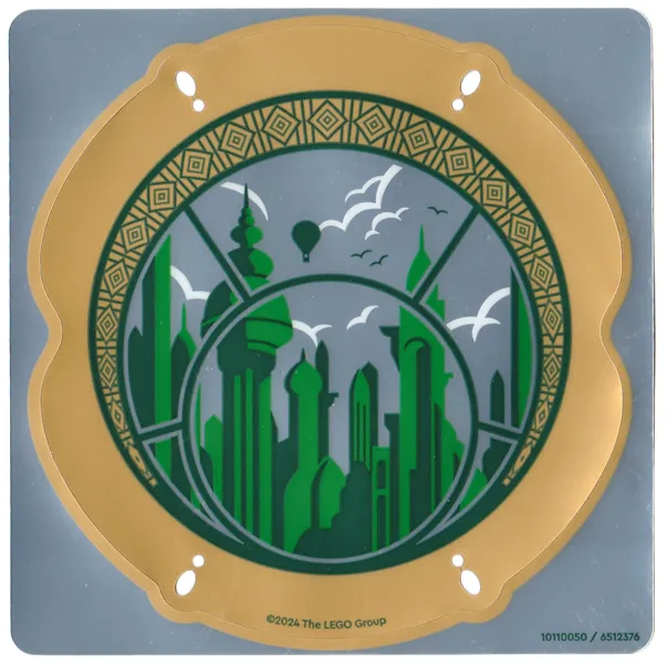 Plastic Round Leaded Window with Gold Frame, Green and Dark Green Emerald City Skyline Pattern
