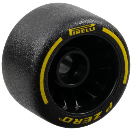 Wheel 24 x 14.9 with Pin Hole with Molded Black Hard Rubber Tire and Printed Yellow 'PIRELLI', 'P ZERO' and Arcs Pattern
