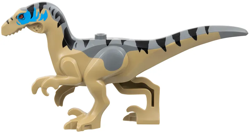 Dinosaur Body Raptor / Velociraptor with Stud with Molded Dark Bluish Gray Back and Printed Black Stripes, Dark Azure Markings and Red Eyes Pattern