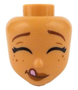 Mini Doll, Head Friends with Reddish Brown Eyebrows Raised, Black Eyelashes, Closed Eyes, Dark Orange Lips and Freckles, Lopsided Grin with Bright Pink Tongue Sticking Out Pattern