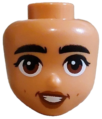 Mini Doll, Head Friends with Black Bushy Eyebrows, Eyelashes, Reddish Brown Eyes, Dark Orange Dimples and Lips, Lopsided Open Mouth Smile with Teeth Pattern