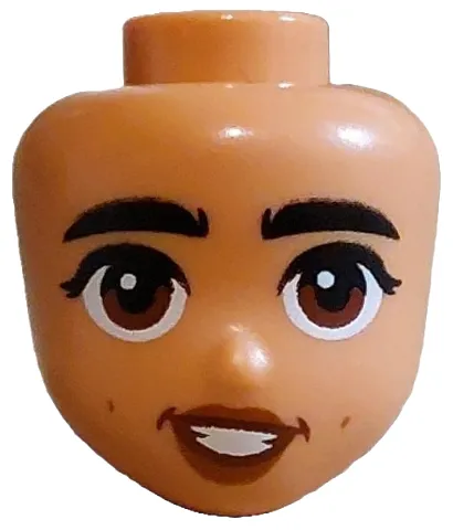 Mini Doll, Head Friends with Black Bushy Eyebrows, Eyelashes, Reddish Brown Eyes, Dark Orange Dimples and Lips, Lopsided Open Mouth Smile with Teeth Pattern