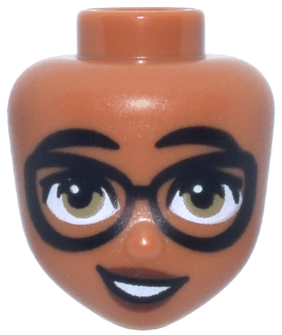 Mini Doll, Head Friends with Black Eyebrows, Eyelashes and Glasses, Dark Tan Eyes, Reddish Brown Lips, Lopsided Open Mouth Smile with Teeth Pattern