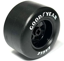 Wheel 50 x 30 with Axle Hole and 6 Holes with Molded Black Hard Rubber Tire and Printed White 'GOODYEAR EAGLE' Pattern