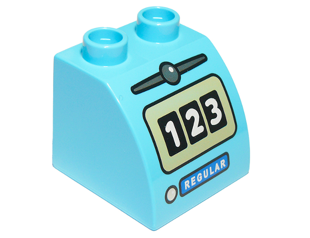 Duplo, Brick 2 x 2 x 1 1/2 Slope Curved with '123' and 'REGULAR' Fuel Pump Pattern