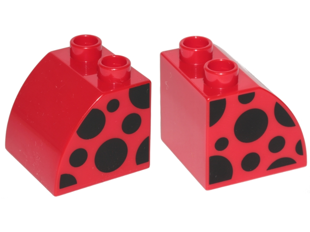 Duplo, Brick 2 x 2 x 1 1/2 Slope Curved with Ladybug Black Spots Pattern on Both Sides