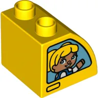 Duplo, Brick 2 x 2 x 1 1/2 Slope Curved with Boy with Blue Cap on One Side and Blond Girl on Other Side Pattern