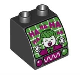 Duplo, Brick 2 x 2 x 1 1/2 Slope Curved with Oscilloscope, Controls and Screen with The Joker Laughing Pattern