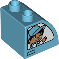 Duplo, Brick 2 x 2 x 1 1/2 Slope Curved with Boy with Cap, Girl with Bow, and White Vehicle Windows Pattern