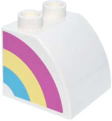 Duplo, Brick 2 x 2 x 1 1/2 Slope Curved with Dark Pink, Bright Light Yellow, and Medium Azure Rainbow Half Pattern Model Left Side