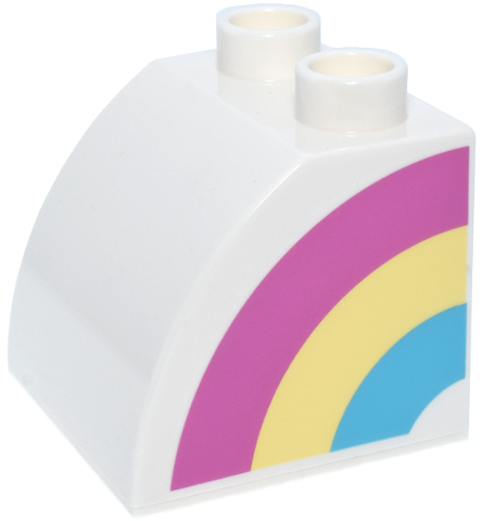 Duplo, Brick 2 x 2 x 1 1/2 Slope Curved with Dark Pink, Bright Light Yellow, and Medium Azure Rainbow Half Pattern Model Right Side
