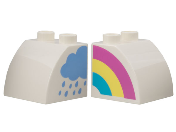 Duplo, Brick 2 x 2 x 1 1/2 Slope Curved with Dark Pink, Bright Light Yellow, and Medium Azure Rainbow and Bright Light Blue Rain Cloud Pattern on Opposite Sides Model Left Side