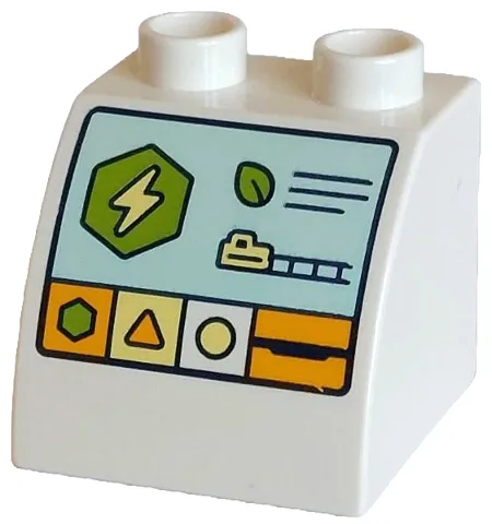 Duplo, Brick 2 x 2 x 1 1/2 Slope Curved with Light Aqua Electric Charger Screen with Lime Hexagon and Leaf, Bright Light Orange Triangle, Bright Light Yellow Circle, Lightning Bolt and Train Locomotive on Track Pattern