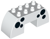 Duplo, Brick 2 x 6 x 2 Slope Curved Double with 2 x 2 Cutout on Bottom with Black Spots Pattern