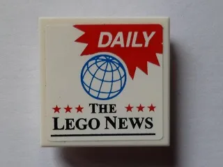 Tile, Modified 2 x 2 Inverted with White 'DAILY' on Red Background, Blue Globe, 6 Red Stars and 'THE LEGO NEWS' Pattern (Sticker) - Set 60097