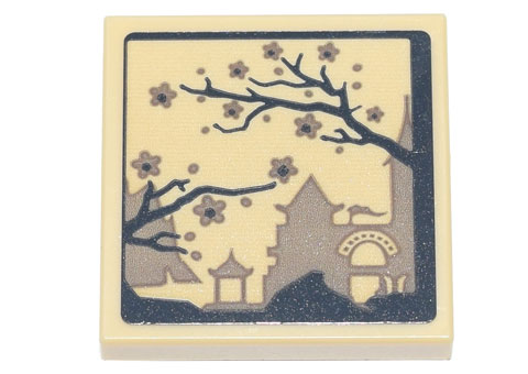 Tile, Modified 2 x 2 Inverted with Ink Wash Painting of Temple and Cherry Blossom Trees Pattern (Sticker) - Set 71741
