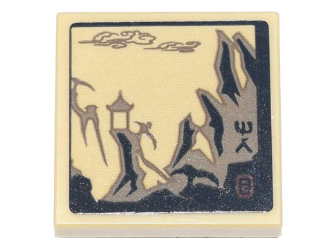 Tile, Modified 2 x 2 Inverted with Ink Wash Painting of Temple and Cliffs and Ninjago Logogram 'MR' Pattern (Sticker) - Set 71741