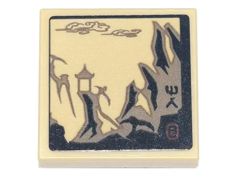 Tile, Modified 2 x 2 Inverted with Ink Wash Painting of Temple and Cliffs and Ninjago Logogram 'MR' Pattern (Sticker) - Set 71741