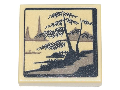 Tile, Modified 2 x 2 Inverted with Ink Wash Painting of Trees, Bridge and Boat Pattern (Sticker) - Set 71741