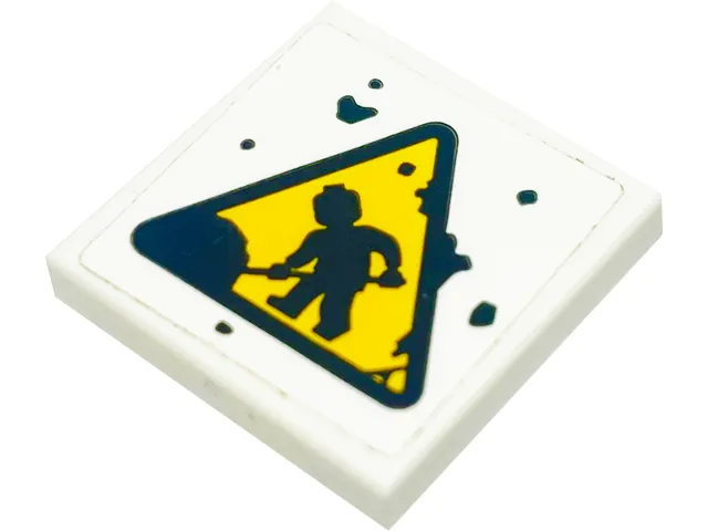 Tile, Modified 2 x 2 Inverted with Bright Light Orange Warning Triangle Road Sign with Black Minifigure Worker Shoveling Dirt Pattern (Sticker) - Set 70423