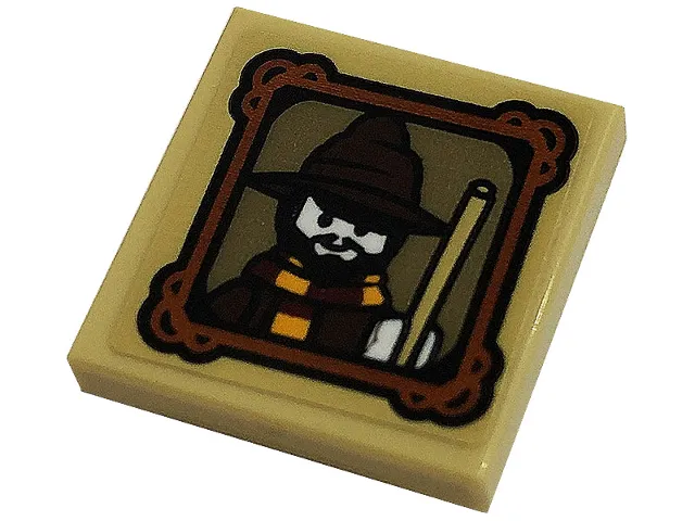 Tile, Modified 2 x 2 Inverted with Minifigure with Wizards Hat and Magic Wand in Picture Frame Pattern (Sticker) - Set 76382