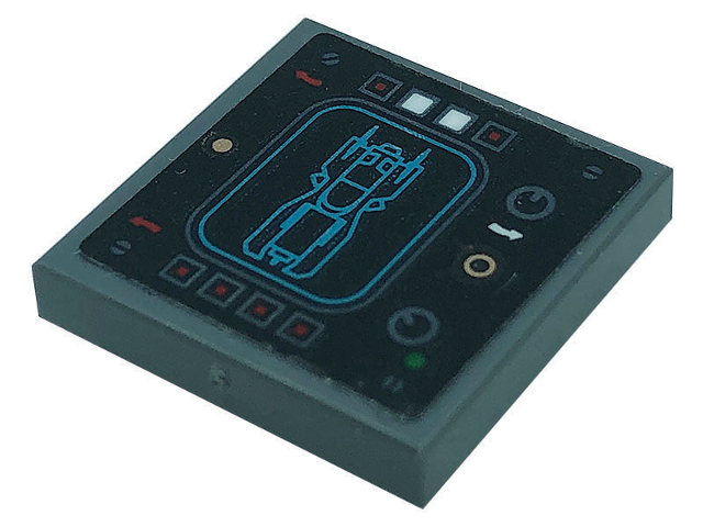 Tile, Modified 2 x 2 Inverted with Control Panel with Batmobile Image, Buttons, Dials, and Curved Arrows Pattern (Sticker) - Set 76139