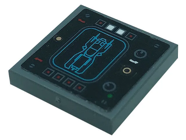 Tile, Modified 2 x 2 Inverted with Control Panel with Batmobile Image, Buttons, Dials, and Curved Arrows Pattern (Sticker) - Set 76139