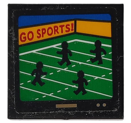 Tile, Modified 2 x 2 Inverted with TV Screen with 'GO SPORTS!' and 4 Silhouettes of Minifigures on Rugby Pitch Pattern (Sticker) - Set 10292