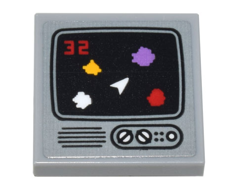 Tile, Modified 2 x 2 Inverted with Computer Monitor Asteroids Game, Red '32' Score on Screen and White Button and Dials Pattern (Sticker) - Set 10306
